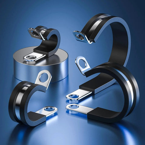 50 Pack Half Inch Cable Clamps 304 Stainless Steel Insulated Hose Clamp with Rubber Cushioned Grip on Display
