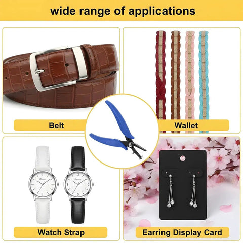 One Sixteenth Inch Round Hole Punch Pliers For Sheet Metal And Leather Crafting shown with belt, wallet, watch strap, earrings