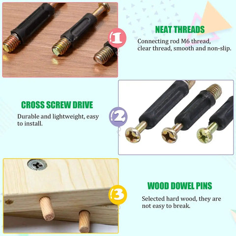 270 Piece 3 In 1 Cam Lock Nuts And Wood Dowel Pins Set For Cabinets Drawers Wardrobes And Furniture Panels Includes Connectors Nuts Bolts Screws And Fasteners In Silver showing components and installation.