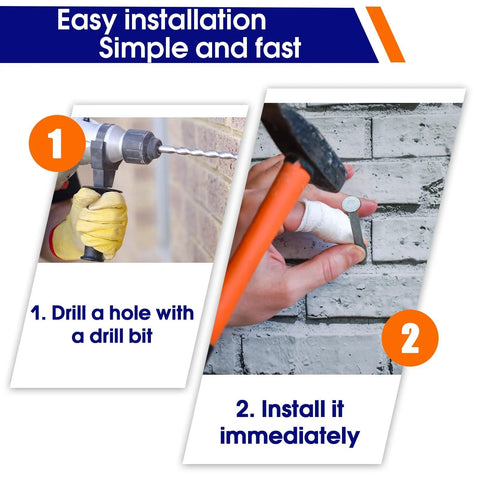 Steps to install 100 Pcs 1/4 Inch X 3 Inch Split-Drive Flat Zinc Plated Hammer-In Concrete Nails in cement walls, drilling and hammering.