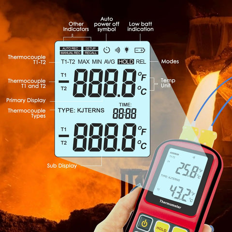 Amazon BISS digital K-type thermocouple thermometer, handheld red tester with LCD display, dual-channel with probes