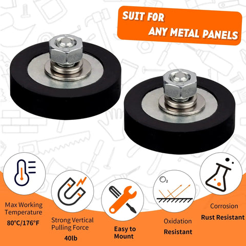Front view of two black rubber-coated neodymium magnets with M6 male threaded studs and nuts