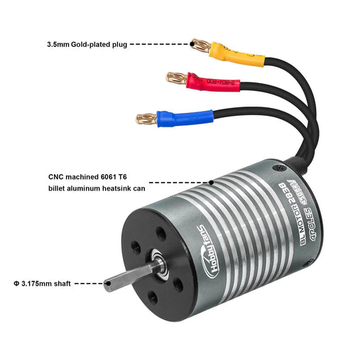 Close-up of Brushless 2838 4500KV Motor And 35A Waterproof ESC For 1/14 And 1/16 RC Cars with aluminum heatsink and gold plugs