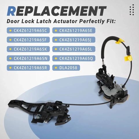 Ford Transit Front Left Door Lock Latch Actuator Cable Replacement No Fuss Easy Install Fits 2015 Through 2023 Transit 150 250 350 350 HD With V6 3.5L Engine Driver Side Lock Latch Compatible With CK4Z61219A65C CK4Z61219A65E DLA2058 displayed on a light backdrop highlighting the product parts.