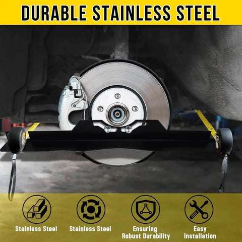 Beefy Steel Toe Alignment Tool For Wheel Angles, Pro-Grade Wheel Alignment Kit in use on car brake disc