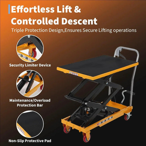 Durable Hydraulic Lift Table Cart 770 Lb Capacity 50.7 Inch Lift With Wheels showcasing security limiter, protection bar, and pad.