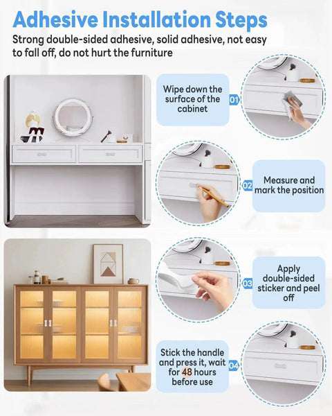 Adhesive installation steps for 2 Pack Adhesive Cabinet Handles 3 Inch Self Stick Knobs, shown with cabinet cleaning and mounting process.