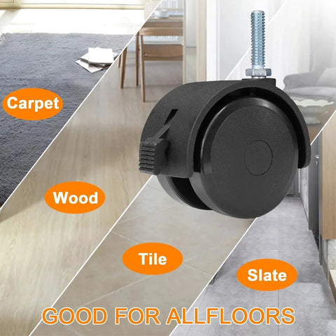 Swivel Stem Casters With Locking Brakes For Furniture And Shelves 2 Inch Black Replacement Castors in different flooring settings