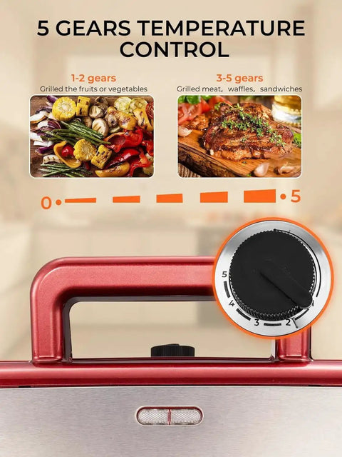 3-In-1 Sandwich And Waffle Maker With Removable Nonstick Plates, 1200W Panini Press showing 5-gear temperature control dial
