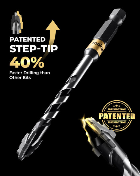 Beefy Heavy Duty Serrated Eccentric Masonry Drill Bit Set For Concrete Brick Tile Glass Plastic Five Piece Toolant Industrial Strength Carbide Tips With Wear Resistant YG6X Alloy Finish close-up view