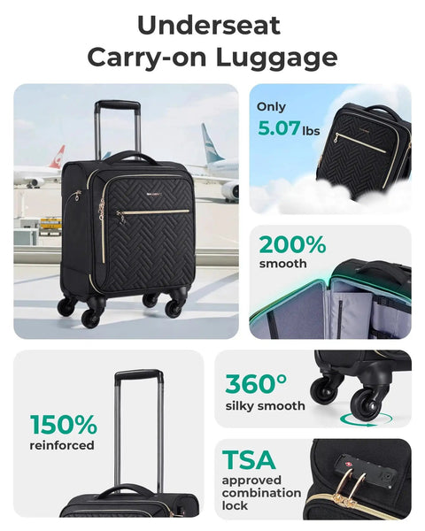 Underseat Carry On Luggage For Air Travel 16 Inch Softside Case With Spinner Wheels Airline Approved Lightweight Weekender Bag