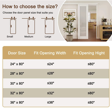 36 Inch By 80 Inch White Sliding Barn Door With Hardware Kit Full Lite Tempered Frosted Glass Solid Core Construction Paintable Surface For Closet Bedroom And Bathroom No Hassle Easy Install size chart