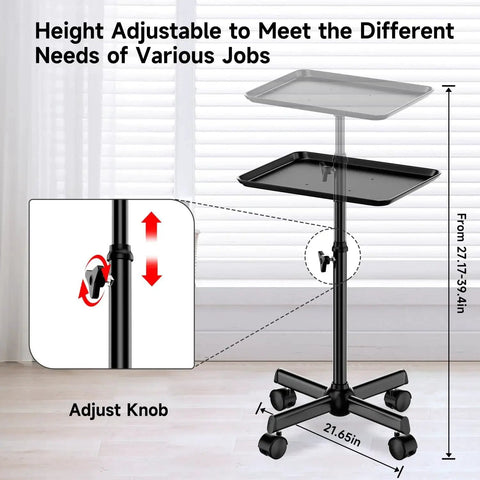 Adjustable Height Rolling Salon Cart With Tray On Durable Wheels, Black, showing height adjustments from 27.17-39.4 inches.