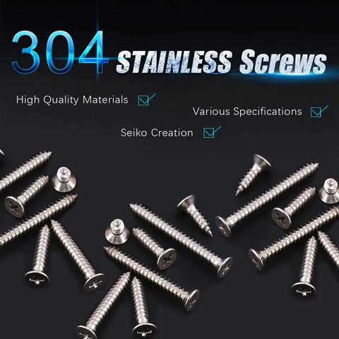 245 Piece Stainless Steel Self Tapping Screws Kit With 14 Sizes From 4 To 12, showcasing 304 stainless materials.