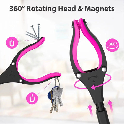 36 Inch Foldable Grabber Reacher Tool With 360 Degree Rotating Jaw And Two Magnets For Easy Trash And Small Item Pickup Lightweight Senior Friendly Long Reach Reacher For Outdoor Cleanup And Everyday Tasks Pink, showing magnets and rotating jaw with keys and nails.