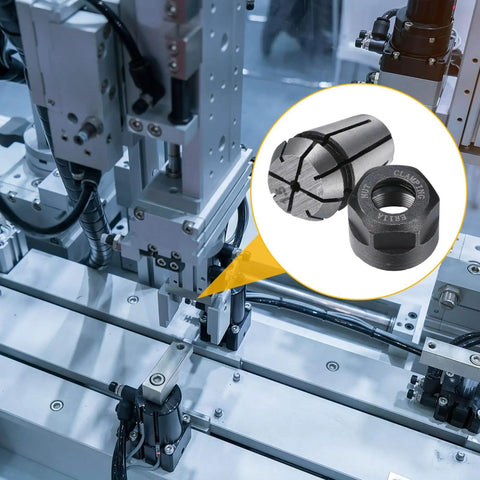 Pro Grade ER11 Spring Collet Set, 19-Piece CNC Milling Lathe Chuck Kit in use on CNC machine, with clamping nut