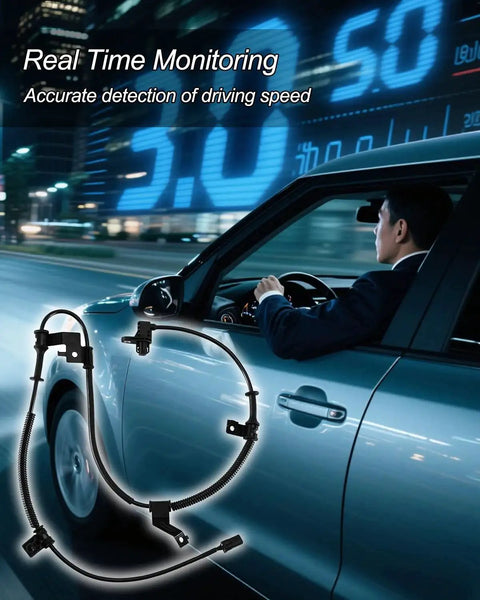 ABS wheel speed sensor harness, black with mounting brackets; side-angle view of car in background
