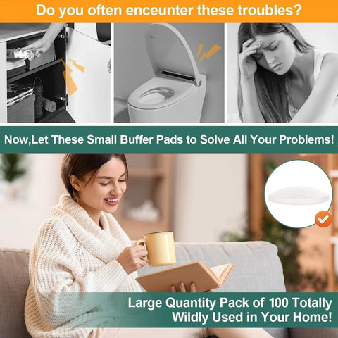 Image showing an ad for 100 Pieces Clear Self Adhesive Cabinet Door Bumpers 0.4 Inch Diameter Rubber Dots Non Slip Soft Close Pads Quiet.