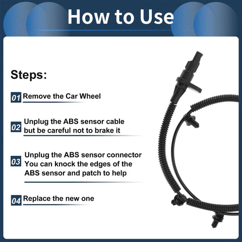 Side view of black ABS wheel speed sensor with wiring harness and connector.