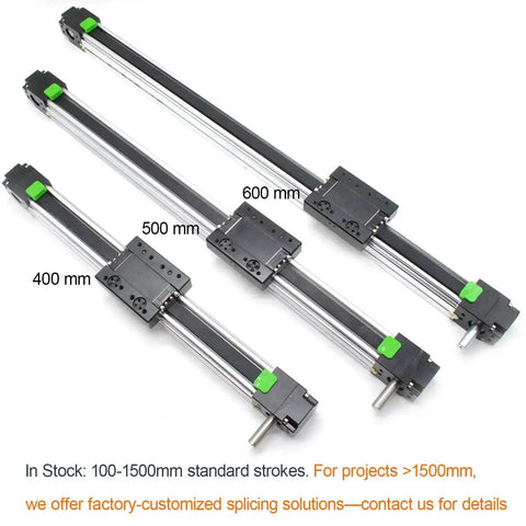 Three belt drive linear actuator sliding tables with NEMA 23 mounts in 400mm, 500mm, and 600mm lengths.