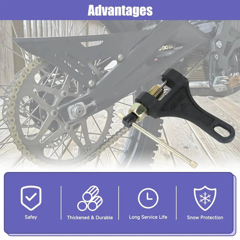 Universal Motorcycle Chain Breaker Tool For 420 428 520 525 530 Chains next to a dirt bike gear and chain system