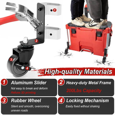 Milwaukee Packout Compatible 360 Degree Dual Front Wheels for Rolling Toolboxes showcasing aluminum slider and rubber wheel