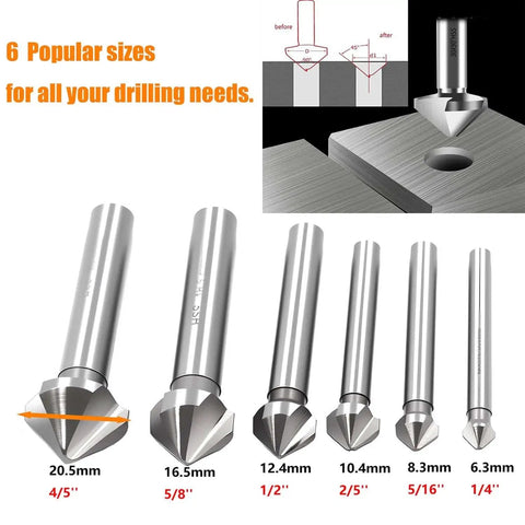 Six Piece Silver HSS Countersink And Chamfer End Mill Bit Set For 90 Degree Chamfers With Three Groove Design Titanium Coated