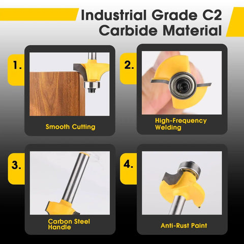 Four Piece Roundover Router Bit Set With 1/4 Inch Shank Industrial Grade C2 Carbide Bits for precise edge profiling