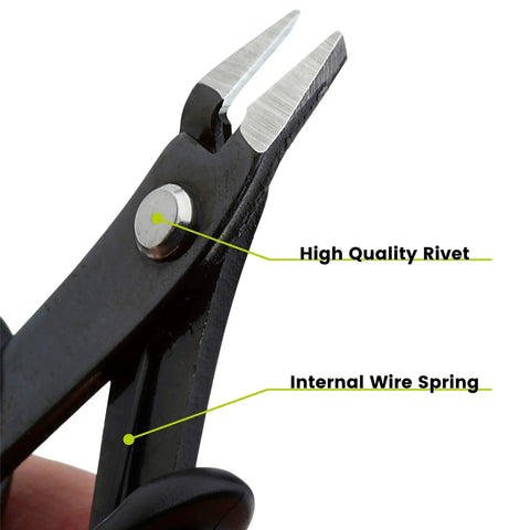 Close-up of Pro Grade Flush Cutter For Wire Up To 16 AWG Precision Sharp Cutting Pliers With High Quality Rivet and Internal Wire Spring