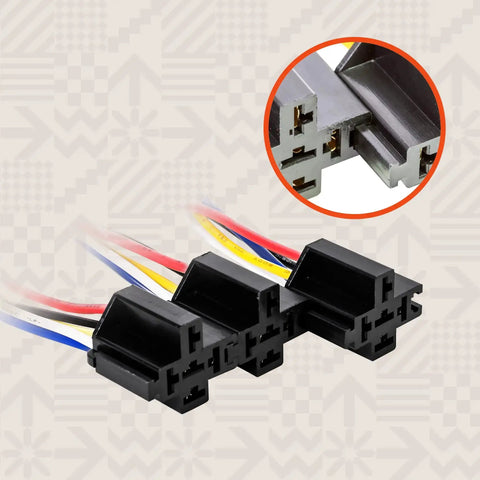 Interlocking Relay Socket Harness Base Kit for 12V DC 5 Pin SPDT Relays with 14 AWG Wires, black connectors displayed.