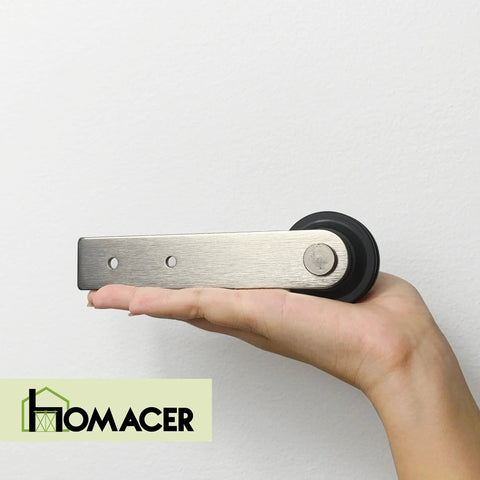 Close-up of brushed nickel straight roller from Mini Brushed Nickel Sliding Barn Door Hardware Kit for Two Doors with 54 Inch Flat Track.