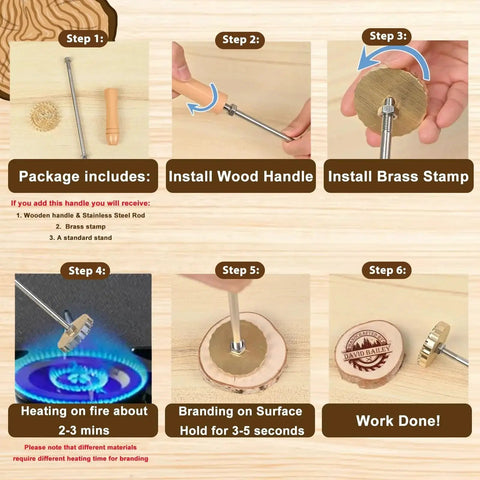 Instruction steps for using Personalized Branding Iron For Wood And Leather With Stand Electric Logo Stamp Kit for branding.