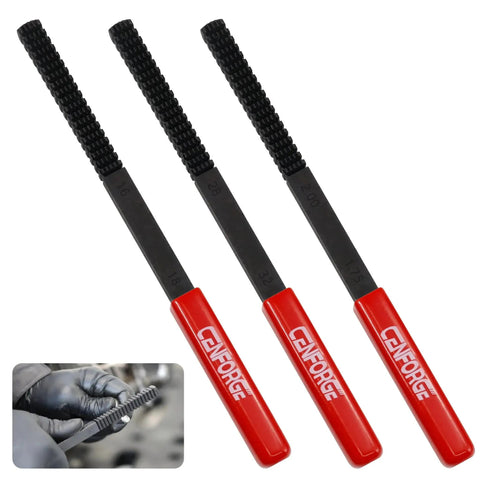 3 Piece Thread Restorer File Set For SAE UNC UNF And Metric Threads With Caps, showing red-handled metal thread files.