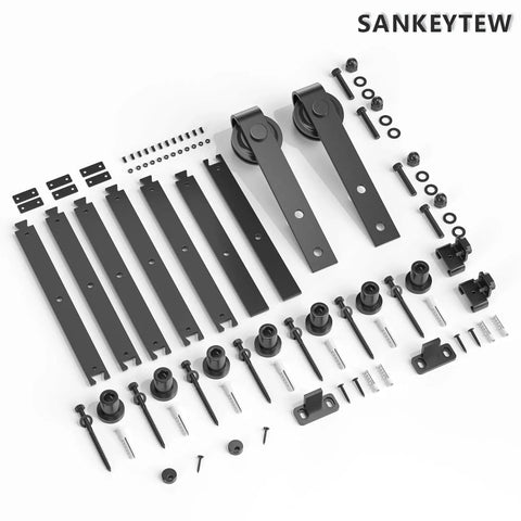 Nine Foot Single Sliding Barn Door Hardware Kit With Track For Quiet Smooth Operation, Carbon Steel, Black Finish