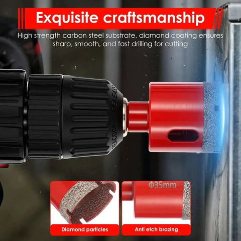 Close-up of red drill in use showing diamond bit from Pro Grade Seventeen-Piece Diamond Hole Saw Set For Ceramic Glass Tile Marble And Granite With Twelve Common Sizes From Quarter Inch To One And Three Eighths Inch Includes Eighty-Five Millimeter Dust Guard EVA Positioner Hard Storage Case And Dry And Wet