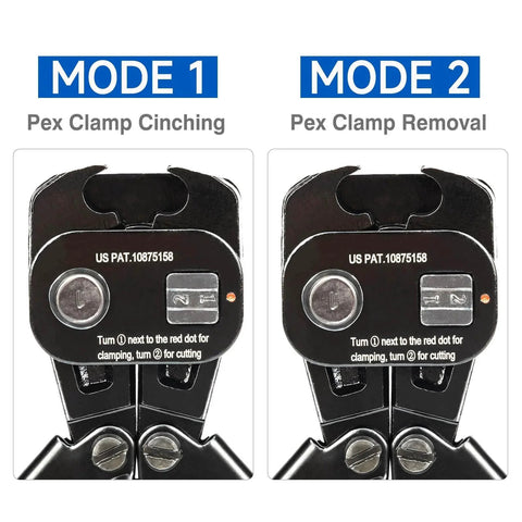 Front view of PEX Clamp Tool Kit for 3/8 Inch, 1/2 Inch, 3/4 Inch and 1 Inch Cinch and Removal modes highlighted.