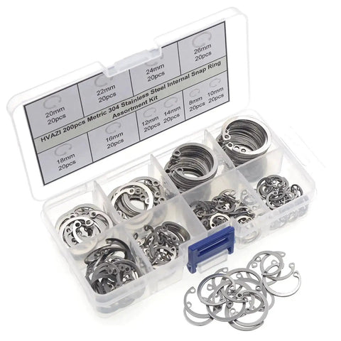 Internal Snap Ring Set 200 Pcs Stainless Steel 304 Metric Circlip Assortment Kit With 10 Sizes displayed in organizer box
