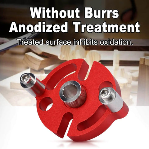Self Centering Dowel Jig Kit With 6mm 8mm 10mm Drill Bushings in red metal, anodized treatment, for woodworking alignment.