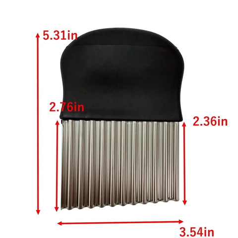 Stainless Steel Crinkle Cutter with Handle for Veggies and Fruits, one-piece corrugated wavy knife with measurements shown.