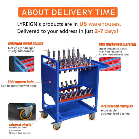 Blue Classic Mobile CNC Tool Storage Cart with Wheels for CAT40 Holders, showcasing metal handle and reinforced wheels.