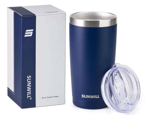 20 Oz Travel Coffee Tumbler Insulated Stainless Steel Cup With Lid in navy with box, keeps drinks hot for 6 hours and cold for 24 hours