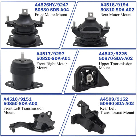 Honda Accord 2003 To 2007 2.4L Automatic Engine And Transmission Mount Set Of 6 Durable OEM Grade Mounts A4509 A4510 A4516 A4517 A4526HY A4542