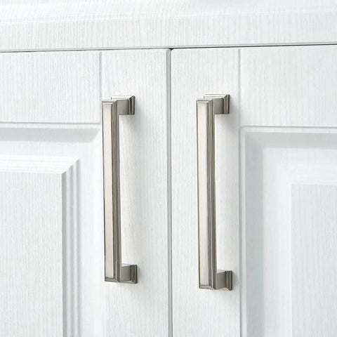 Long Cabinet Handle Set 10 Pack Brushed Satin Nickel Die Cast Zinc Solid Metal Drawer Pulls on white cabinet doors