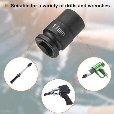 Two Piece Deep Impact Socket Set For Three Eighths Inch Square Drive And Eleven Millimeter Six Point Thirty Millimeter Long Flip Socket Pro Grade Chrome Moly Steel For Home Auto Repair close-up