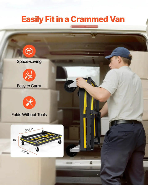 Drywall Cart Dolly With 1800 Lb Load Capacity And Expandable Deck being loaded into a van, showing its compact folded size.