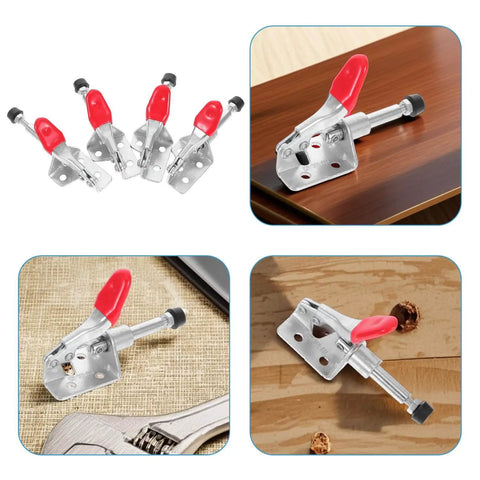 4 Piece Nonslip Toggle Clamps Set For Woodworking with durable PVC handles and iron construction, push-pull workholding tools.
