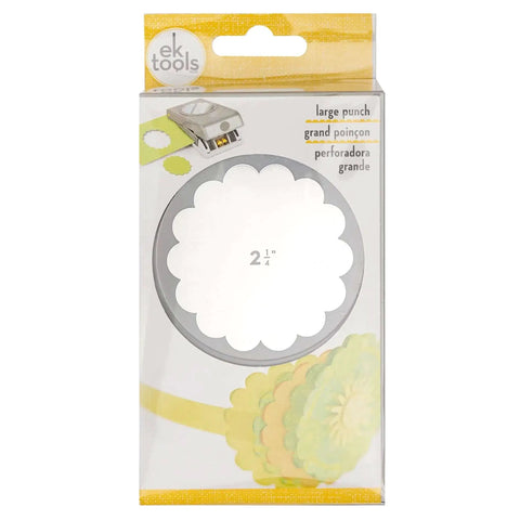 Packaging of 2.25 Inch Scalloped Circle Punch For Scrapbooks And Card Making, Large White Craft Punch displayed in a clear box.