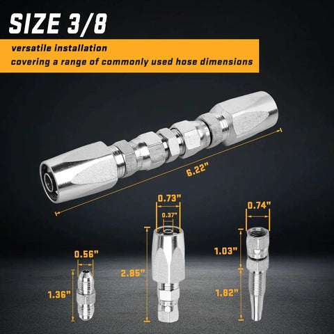 Professional Hydraulic Hose Field Repair Kit With 3 Reusable Fittings In 1/4, 3/8, And 1/2 Inch ID, 3/8 size fitting displayed
