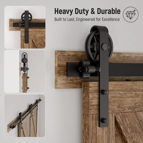 Sliding Barn Door Hardware Kit For Closet Cabinet Track System Beefy Carbon Steel 6 Foot Rail With 4.33 Inch Hanger Wheels