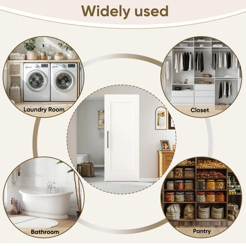 Concealed Sliding Barn Door 36 By 84 Inches Shaker Style Flat One Panel White Primed Solid Core with soft close in various rooms.